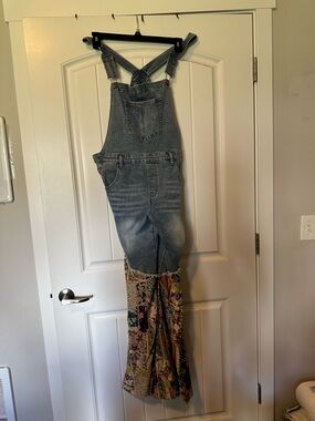 easel Light Blue Denim Overalls with Patterned Flare